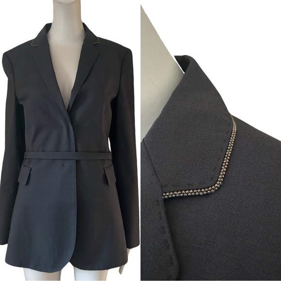 MARLOWE Made in Italy Wool Tailored Belted Blazer Blue Career Professional Work - Picture 1 of 16